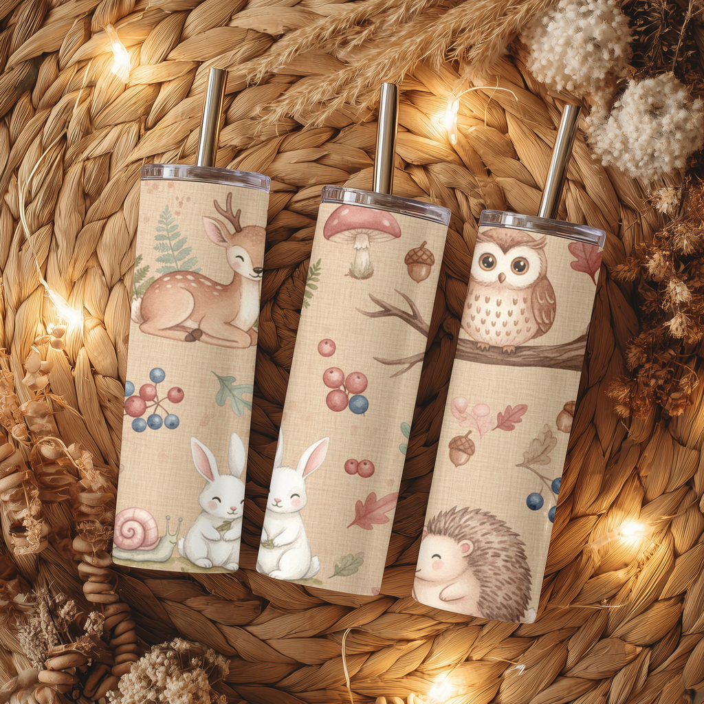 Watercolor Woodland Creatures Burlap Print 20oz Skinny Tumbler