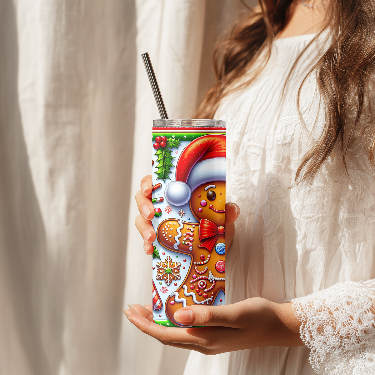 Vibrant Santa Gingerbread Man 20oz Skinny Tumbler