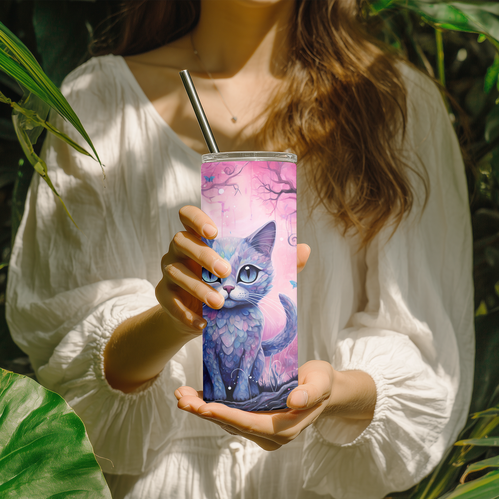 Whimsical Mosaic Fantasy Cat 20oz Skinny Tumbler