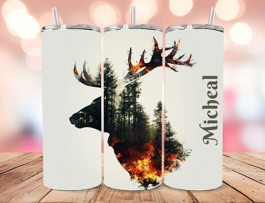 Personalized Watercolor Forest Fire Elk Silhouette Tumbler