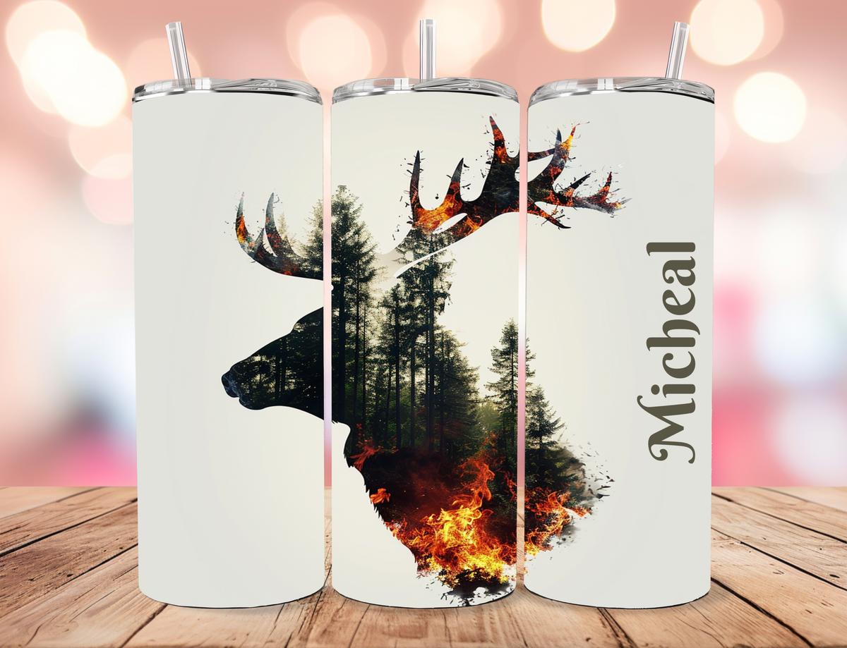 Personalized Watercolor Forest Fire Elk Silhouette Tumbler