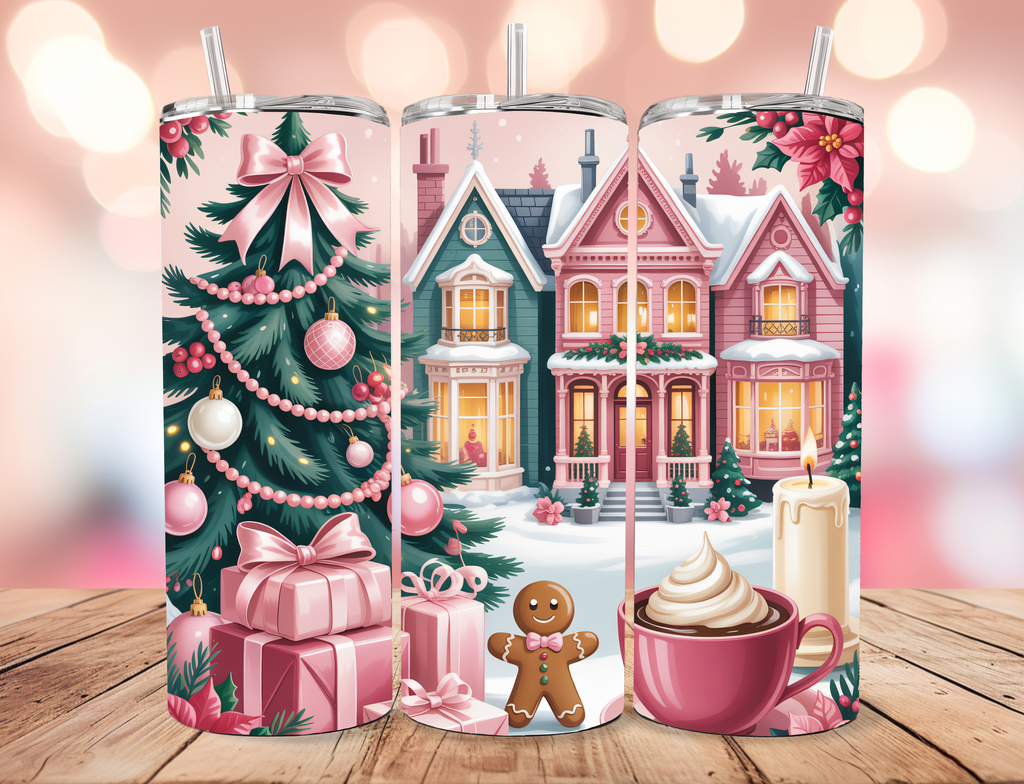 Pink Christmas Village & Gingerbread 20oz Skinny Tumbler