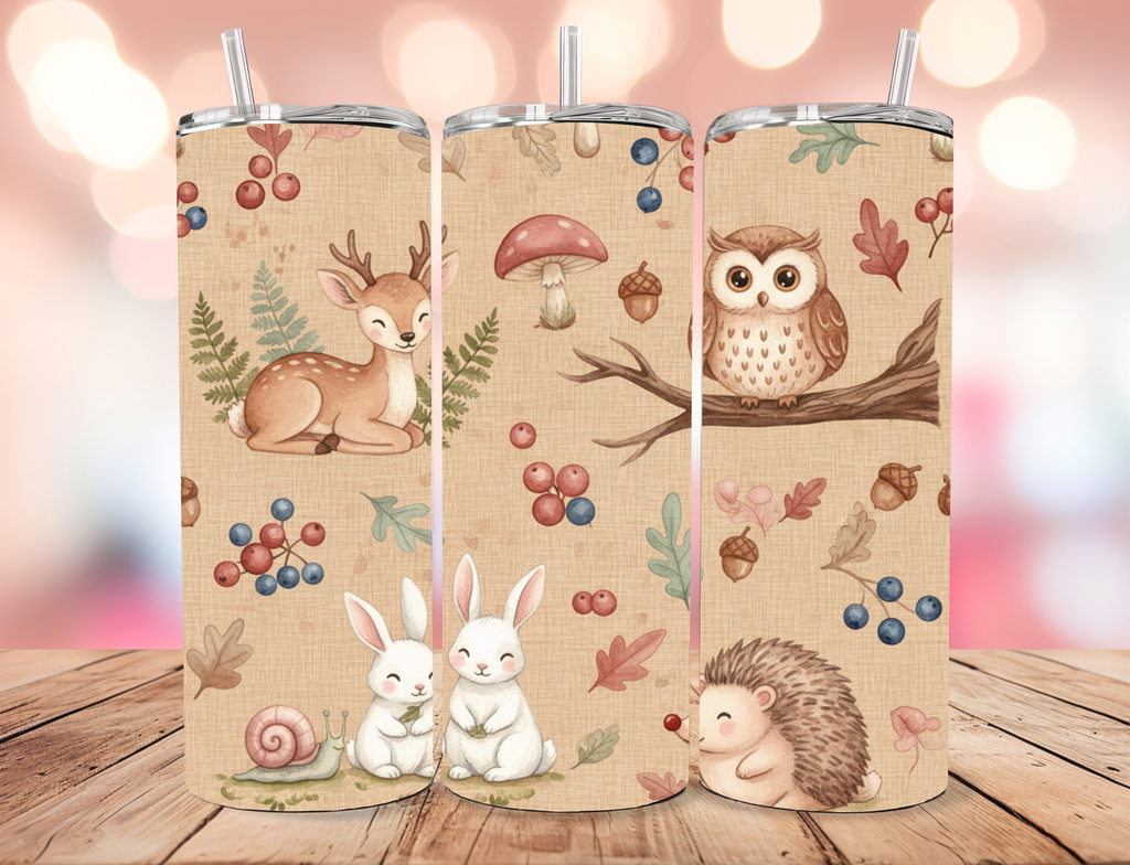 Watercolor Woodland Creatures Burlap Print 20oz Skinny Tumbler