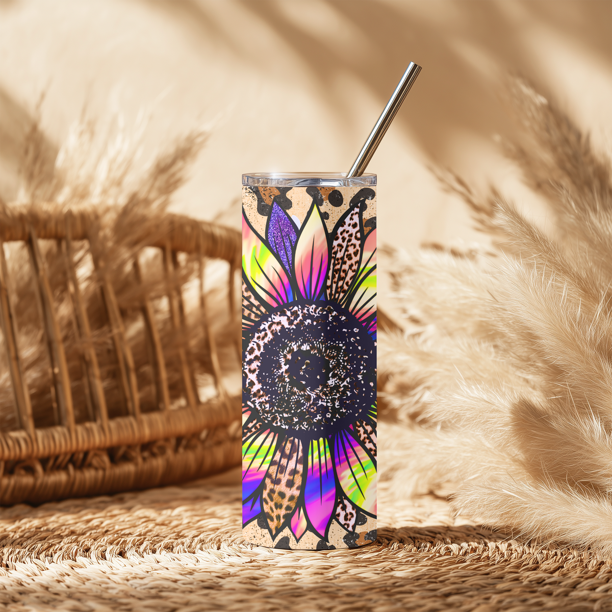 Rainbow Leopard Sunflower 20oz Skinny Tumbler - Glitter Tie Dye Sublimation Travel Mug