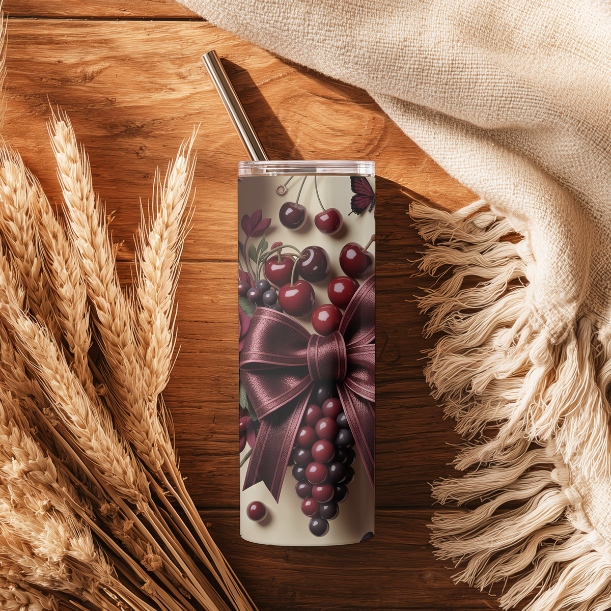 Burgundy Coquette Cherries & Bows 20oz Skinny Tumbler - Vintage Dark Floral Sublimation Travel Mug