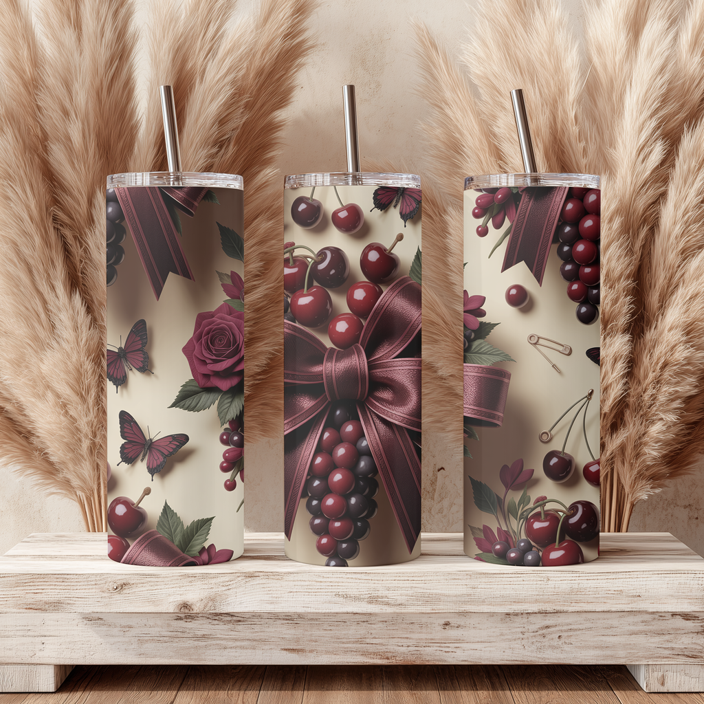 Burgundy Coquette Cherries & Bows 20oz Skinny Tumbler - Vintage Dark Floral Sublimation Travel Mug