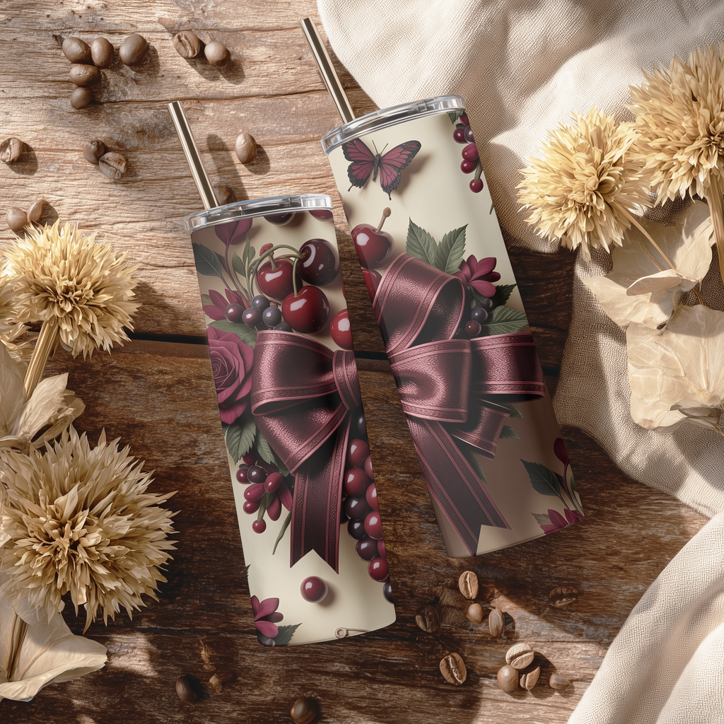 Burgundy Coquette Cherries & Bows 20oz Skinny Tumbler - Vintage Dark Floral Sublimation Travel Mug