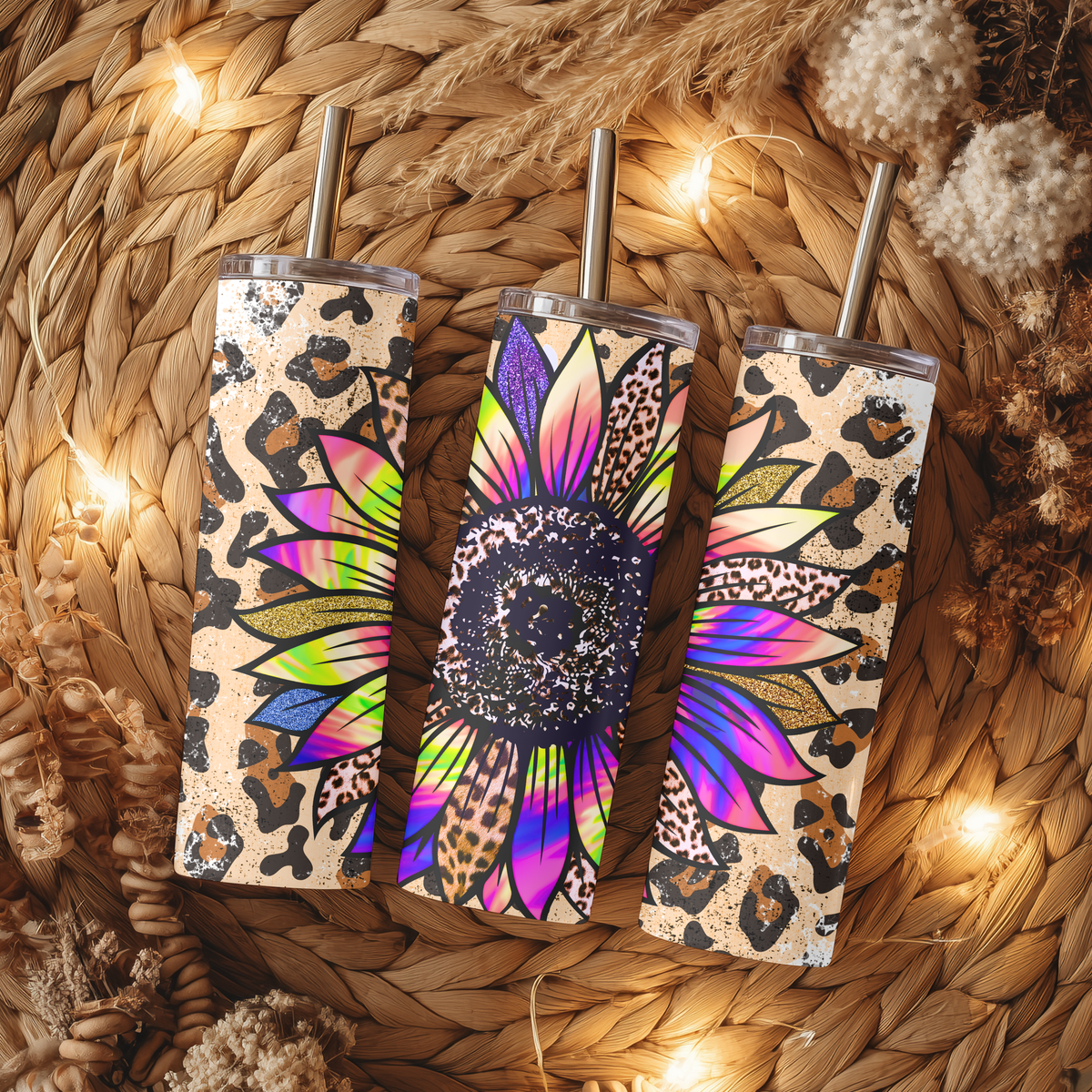 Rainbow Leopard Sunflower 20oz Skinny Tumbler - Glitter Tie Dye Sublimation Travel Mug