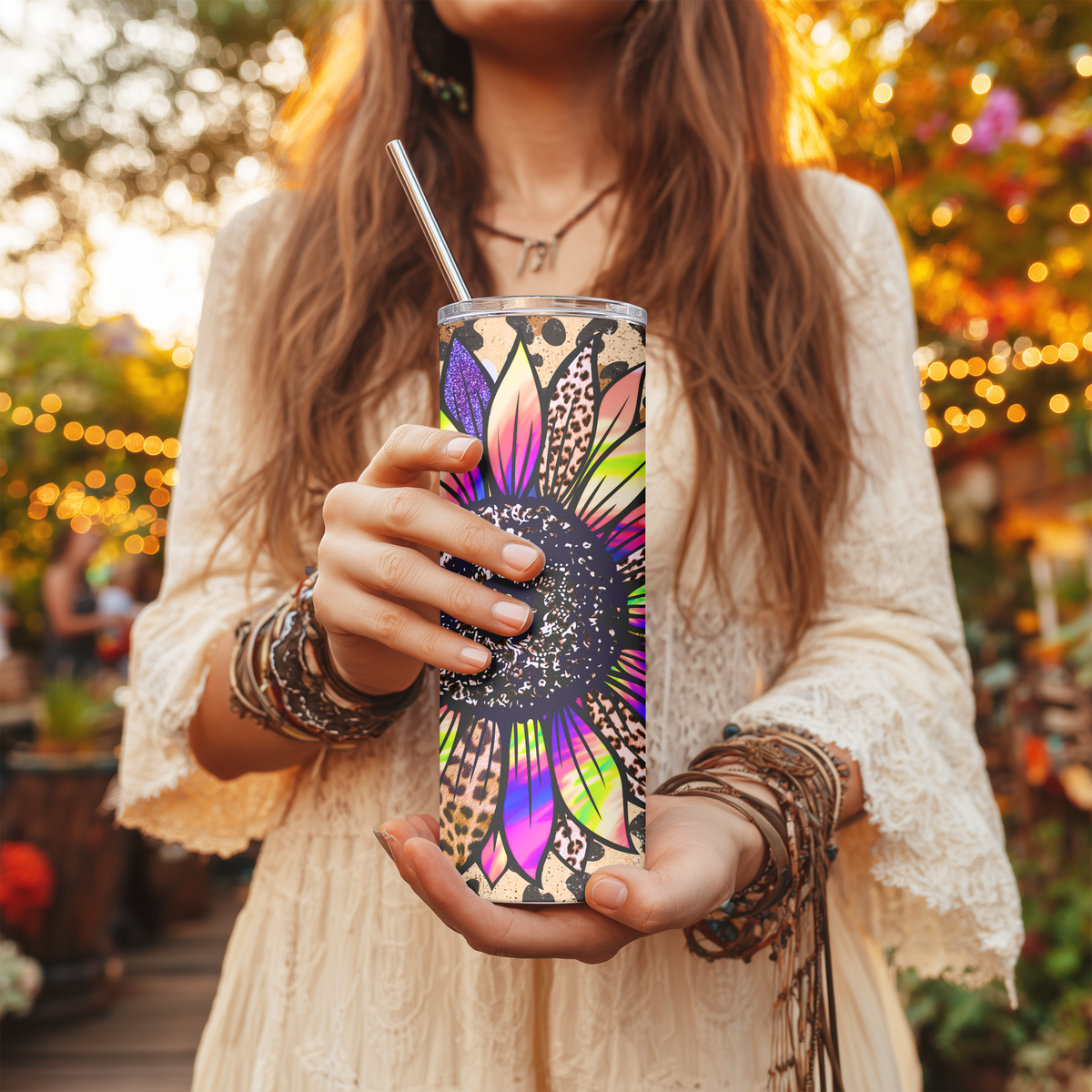 Rainbow Leopard Sunflower 20oz Skinny Tumbler - Glitter Tie Dye Sublimation Travel Mug