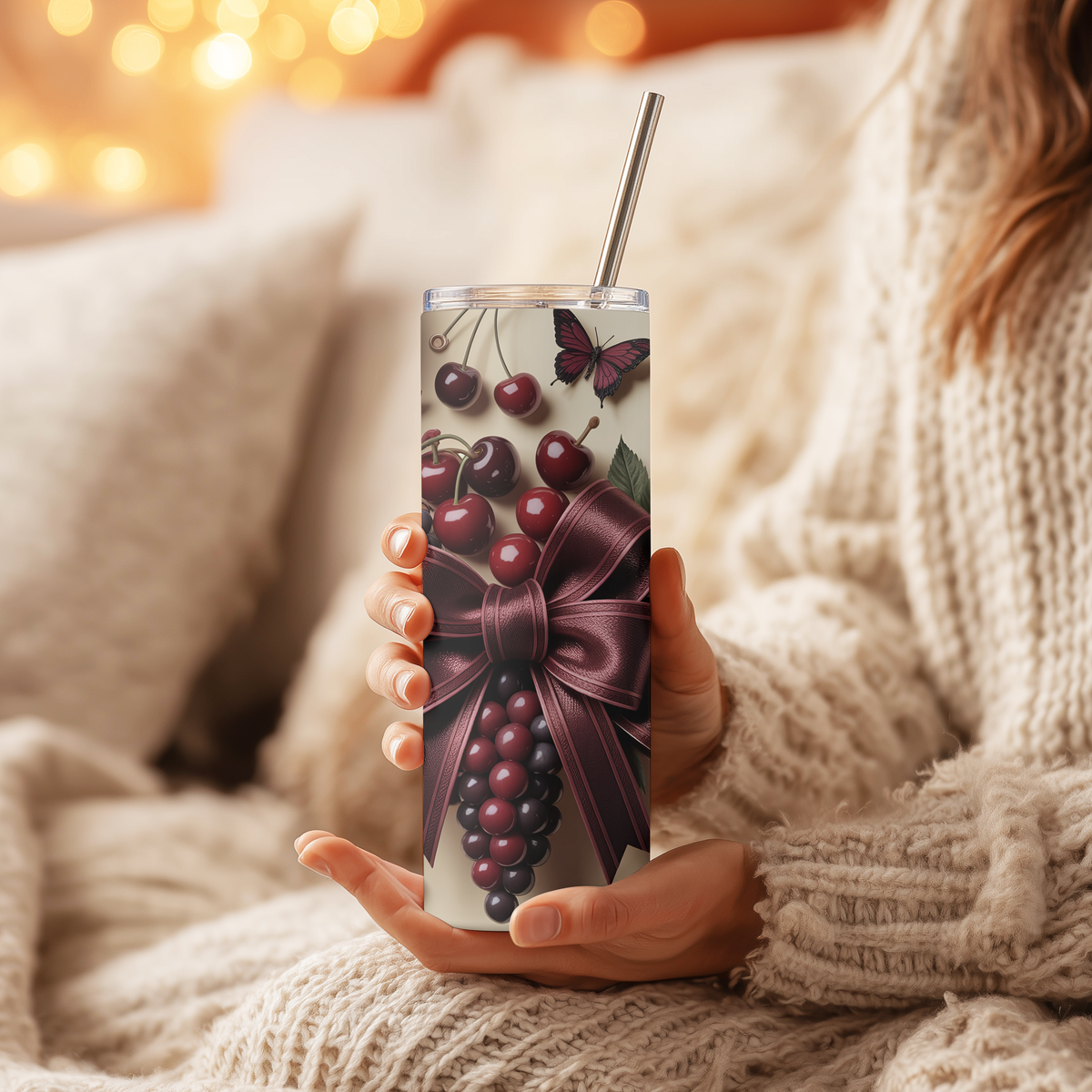 Burgundy Coquette Cherries & Bows 20oz Skinny Tumbler - Vintage Dark Floral Sublimation Travel Mug