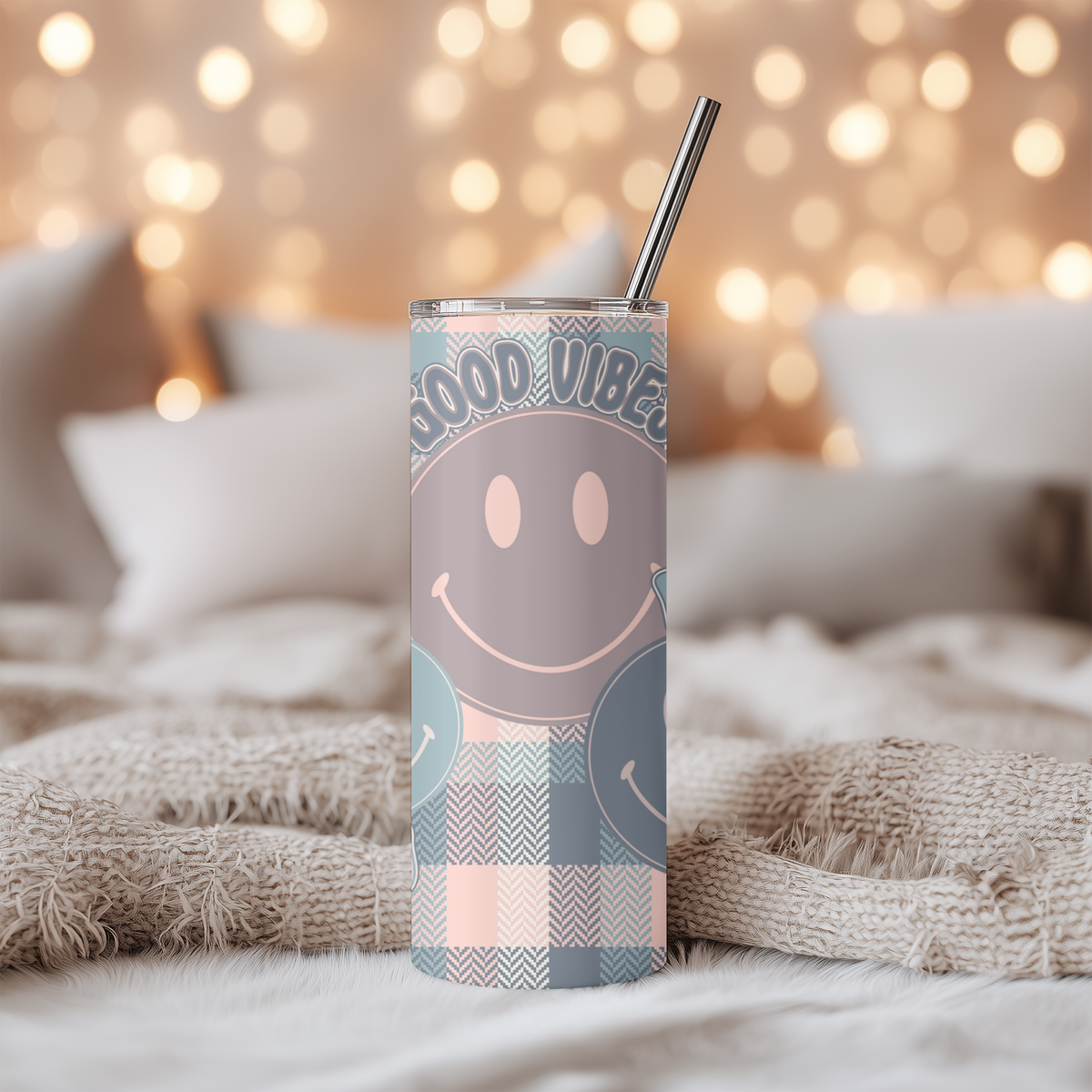Good Vibes Pastel Plaid Smiley 20oz Skinny Tumbler - Positive Energy Sublimation Travel Mug