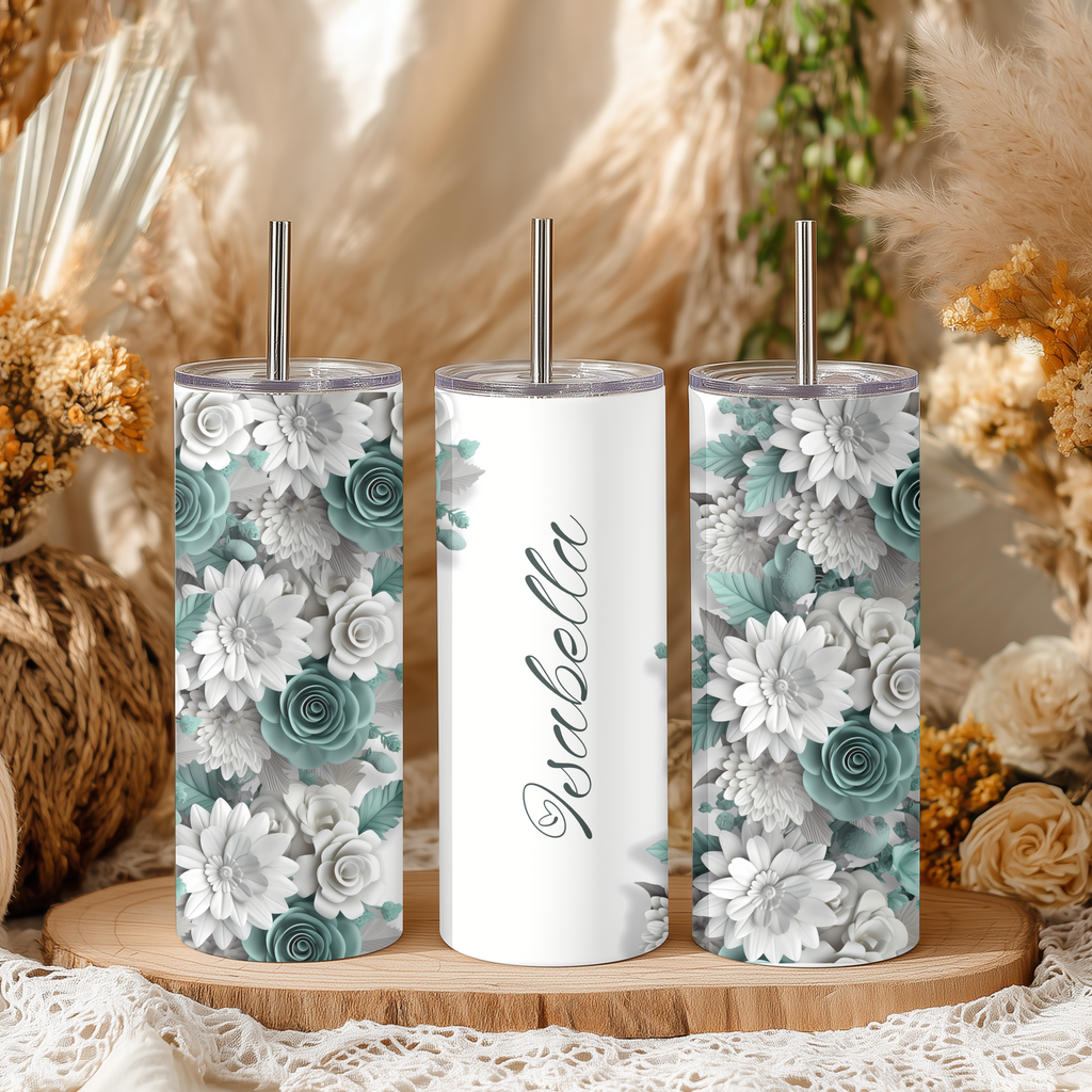 Personalized Sage Green Floral 20oz Skinny Tumbler, Custom Name Succulent and Flower Stainless Steel Travel Mug