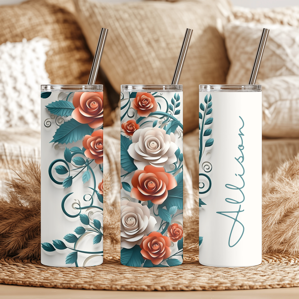 Personalized Terracotta and Teal Rose 20oz Skinny Tumbler, Custom Name Elegant Floral Stainless Steel Travel Mug
