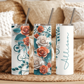 Personalized Terracotta and Teal Rose 20oz Skinny Tumbler, Custom Name Elegant Floral Stainless Steel Travel Mug