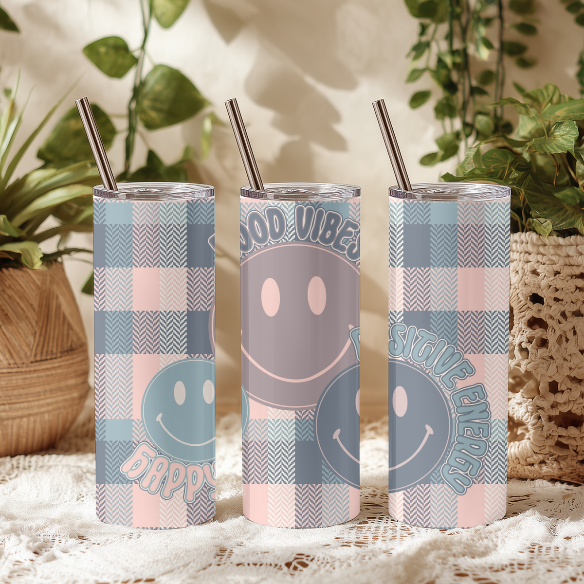 Good Vibes Pastel Plaid Smiley 20oz Skinny Tumbler - Positive Energy Sublimation Travel Mug
