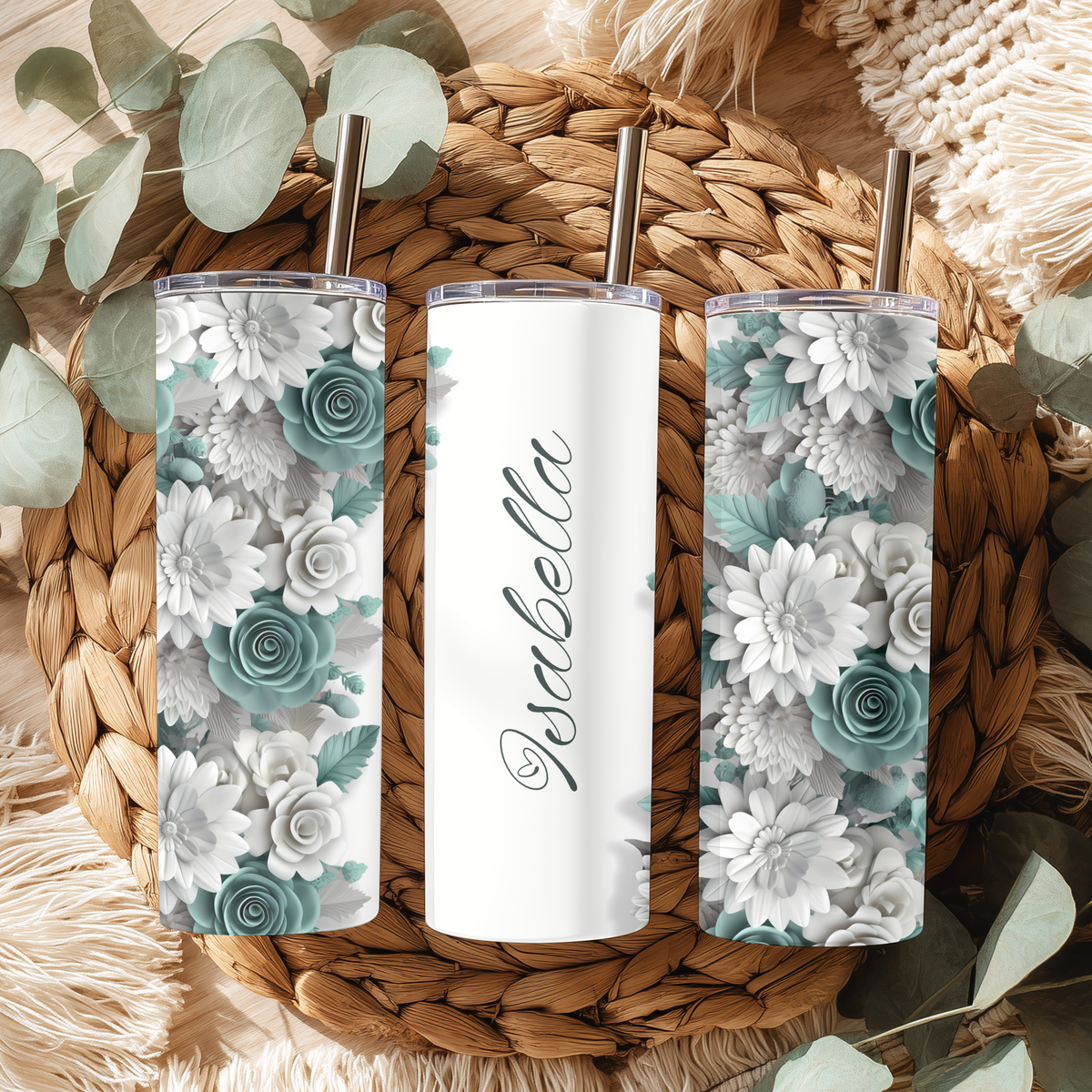 Personalized Sage Green Floral 20oz Skinny Tumbler, Custom Name Succulent and Flower Stainless Steel Travel Mug