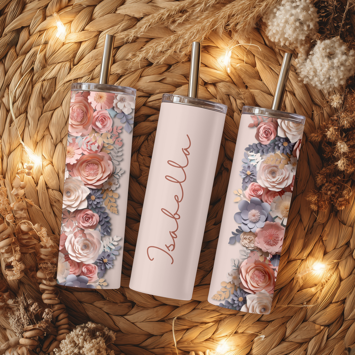 Custom Name Pastel Paper Flowers 20oz Skinny Tumbler - Personalized Floral Sublimation Travel Mug