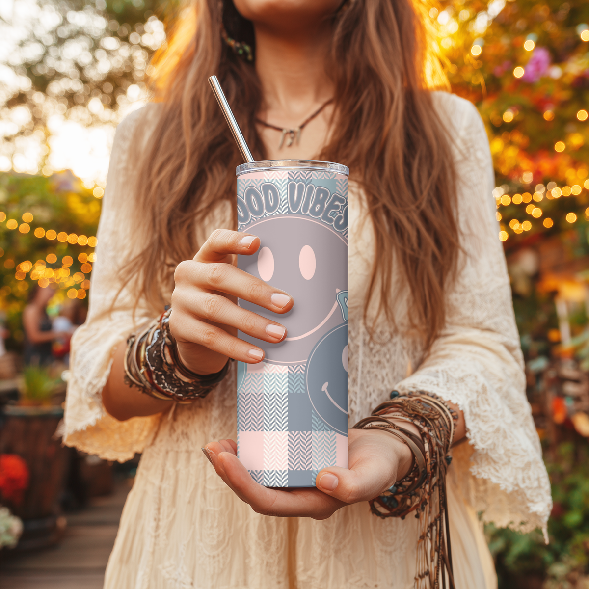 Good Vibes Pastel Plaid Smiley 20oz Skinny Tumbler - Positive Energy Sublimation Travel Mug