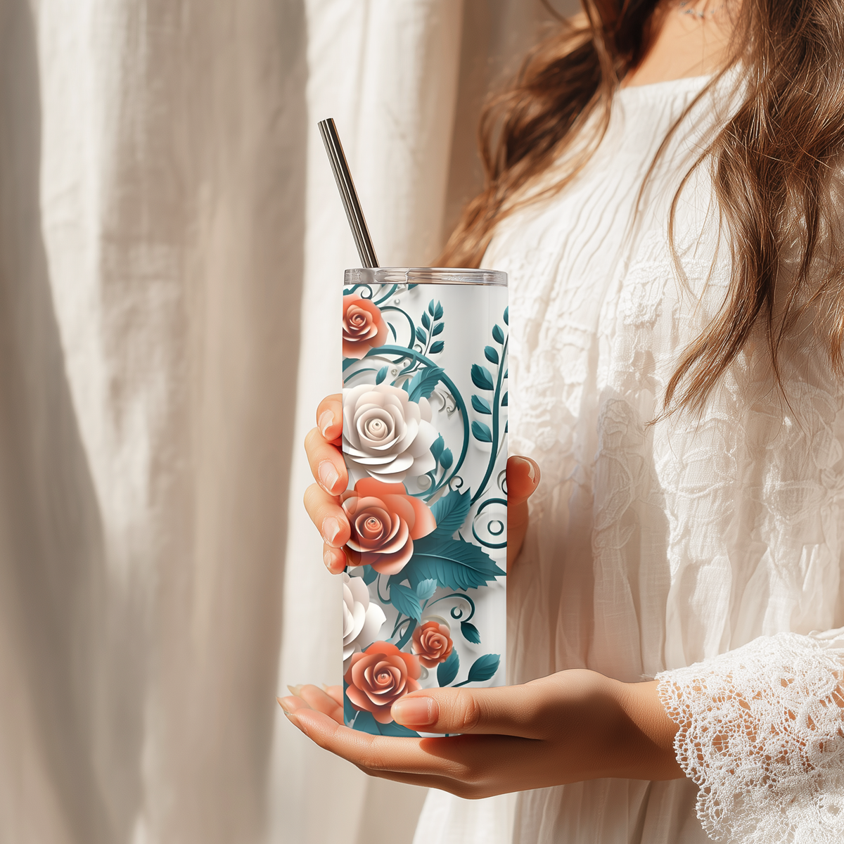 Personalized Terracotta and Teal Rose 20oz Skinny Tumbler, Custom Name Elegant Floral Stainless Steel Travel Mug