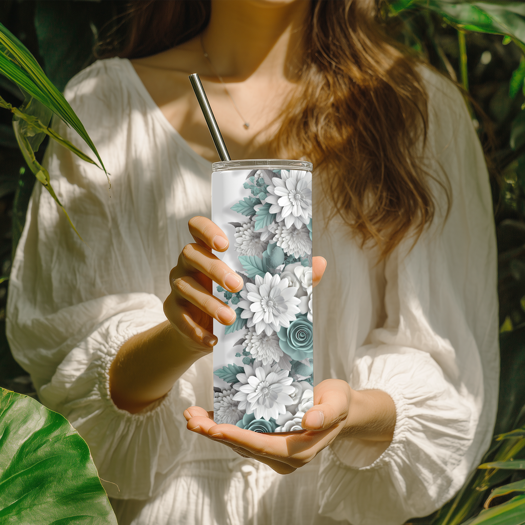 Personalized Sage Green Floral 20oz Skinny Tumbler, Custom Name Succulent and Flower Stainless Steel Travel Mug