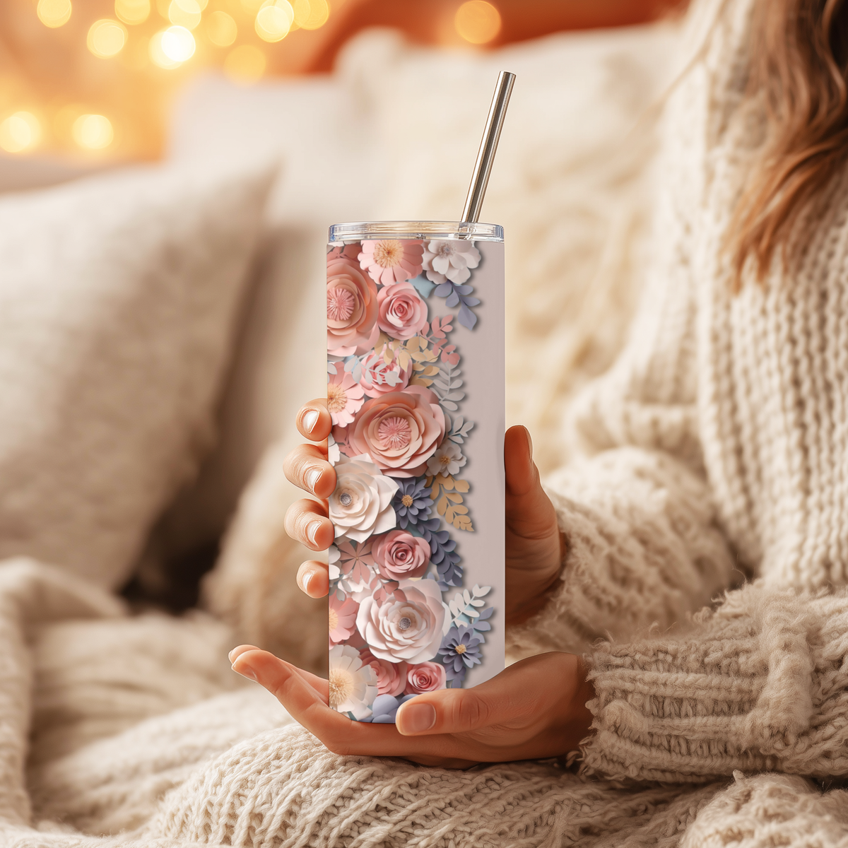 Custom Name Pastel Paper Flowers 20oz Skinny Tumbler - Personalized Floral Sublimation Travel Mug