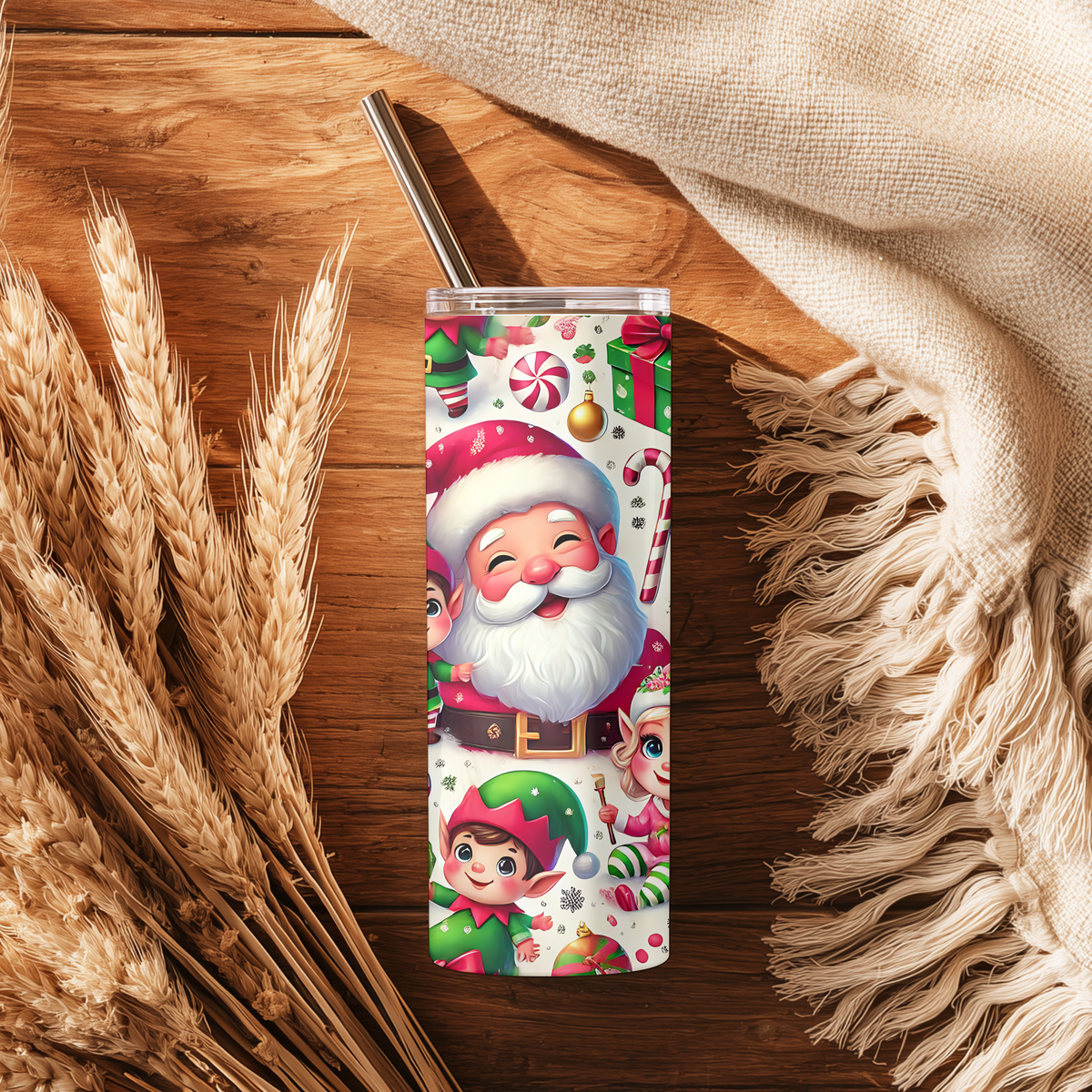 Cute Santa and Elves Christmas 20oz Skinny Tumbler - Festive Holiday Sublimation Travel Mug