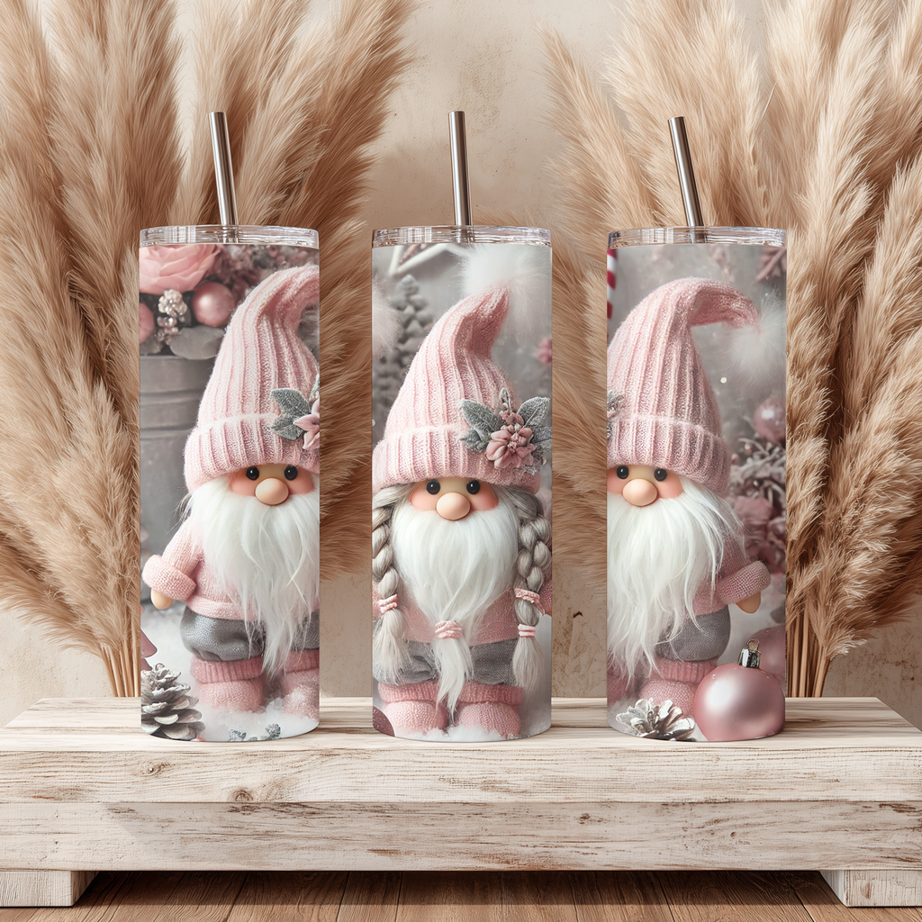 Pink Christmas Gnomes 20oz Skinny Tumbler - Cozy Winter Holiday Sublimation Travel Mug
