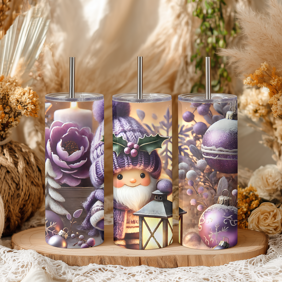 Purple Christmas Gnome 20oz Skinny Tumbler - Winter Lantern Holiday Sublimation Travel Mug