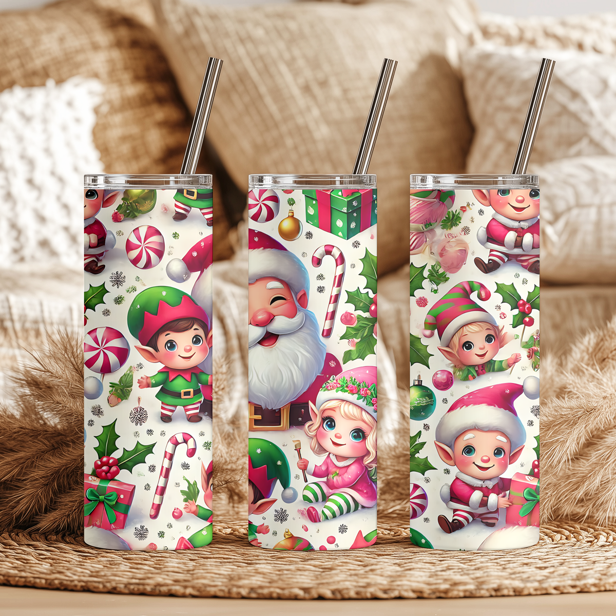 Cute Santa and Elves Christmas 20oz Skinny Tumbler - Festive Holiday Sublimation Travel Mug