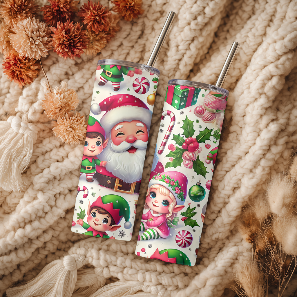Cute Santa and Elves Christmas 20oz Skinny Tumbler - Festive Holiday Sublimation Travel Mug