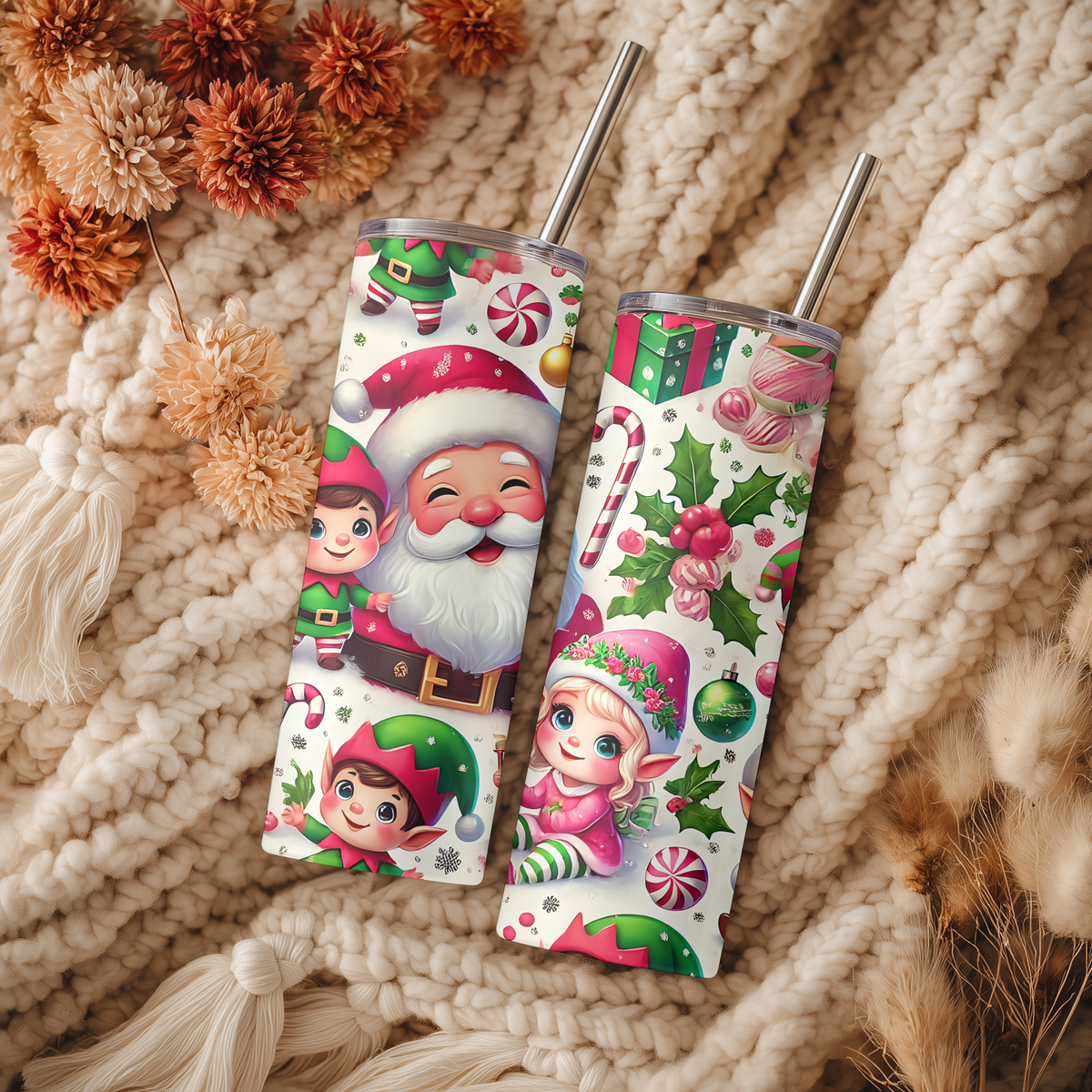Cute Santa and Elves Christmas 20oz Skinny Tumbler - Festive Holiday Sublimation Travel Mug