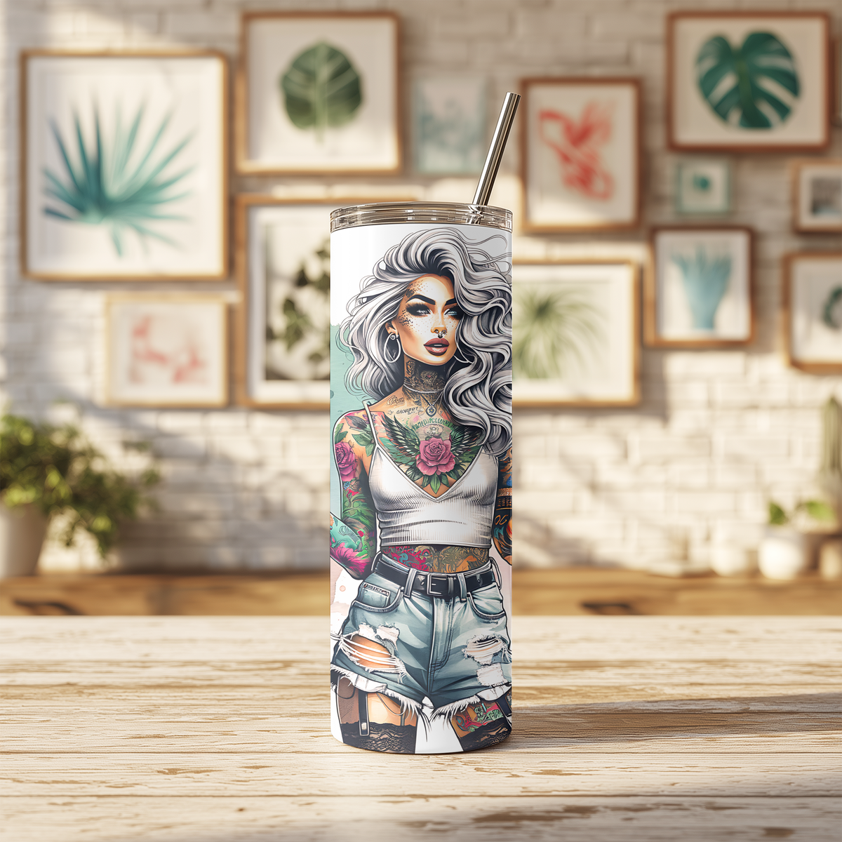 Coffee Mode Badass Mode 20oz Skinny Tumbler - Edgy Tattoo Girl Sublimation Travel Mug
