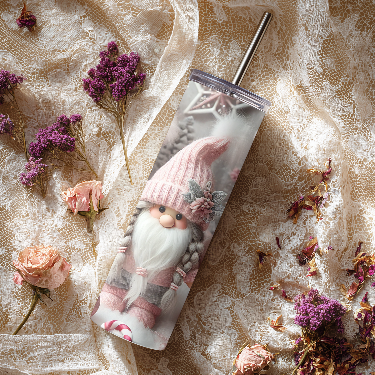 Pink Christmas Gnomes 20oz Skinny Tumbler - Cozy Winter Holiday Sublimation Travel Mug