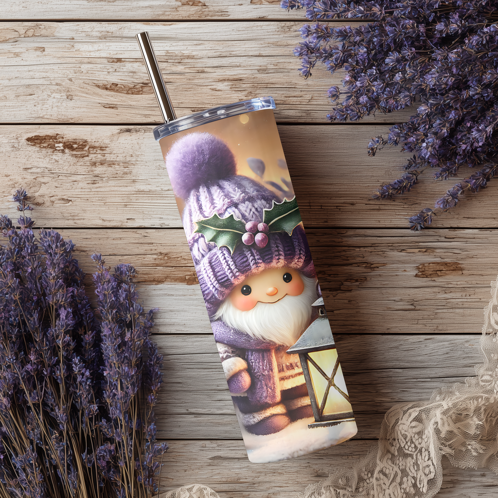 Purple Christmas Gnome 20oz Skinny Tumbler - Winter Lantern Holiday Sublimation Travel Mug