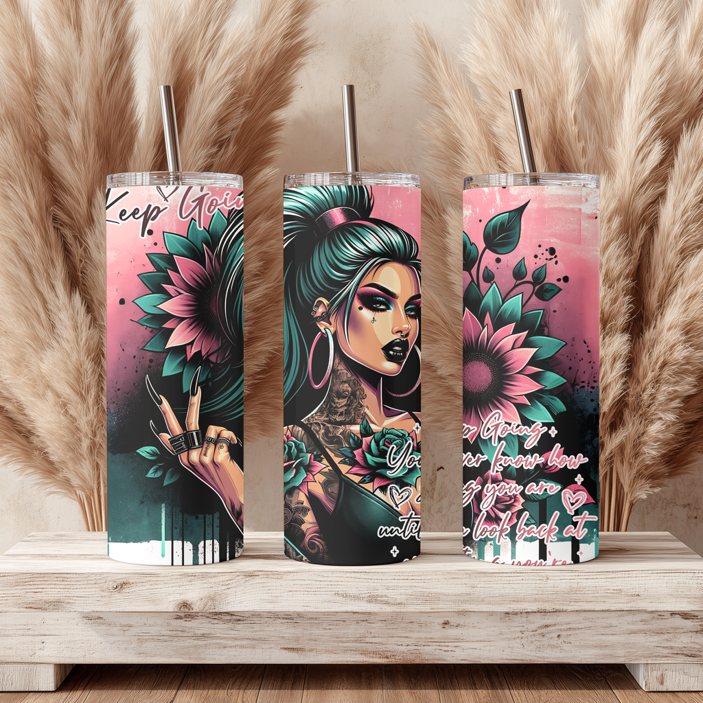 Keep Going Dark Sunflower 20oz Skinny Tumbler - Edgy Gothic Girl Sublimation Travel Mug