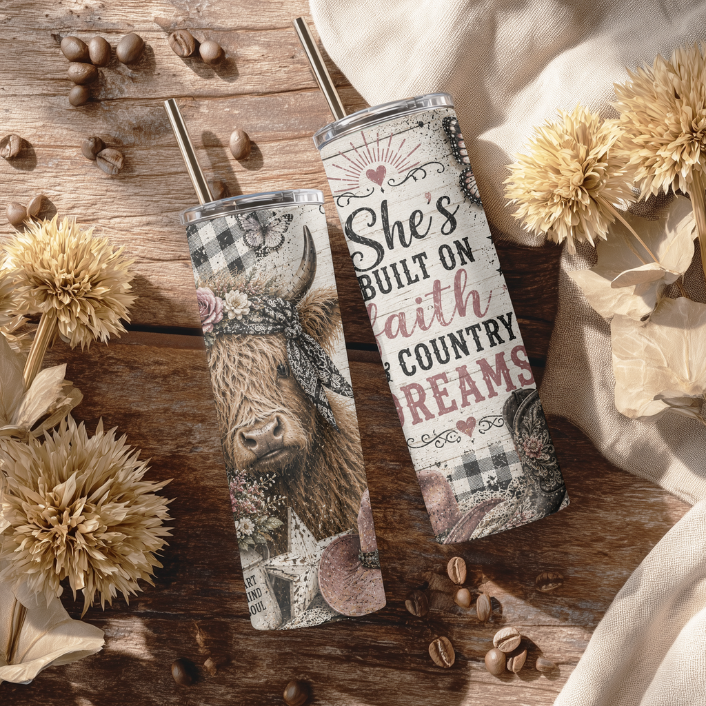 Highland Cow Country Dreams 20oz Skinny Tumbler - Faith and Country Sublimation Travel Mug