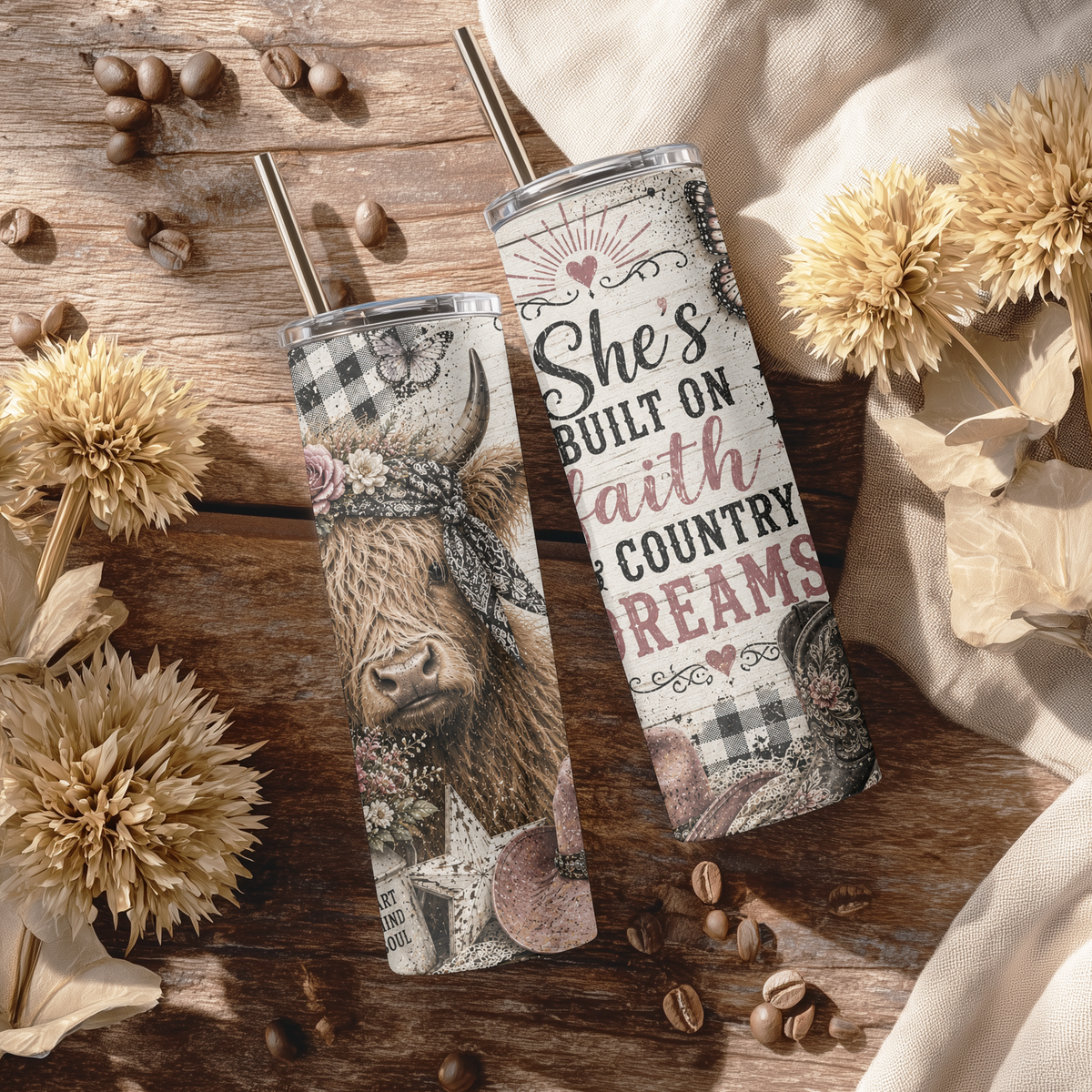 Highland Cow Country Dreams 20oz Skinny Tumbler - Faith and Country Sublimation Travel Mug