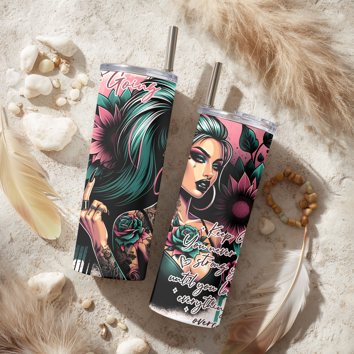 Keep Going Dark Sunflower 20oz Skinny Tumbler - Edgy Gothic Girl Sublimation Travel Mug