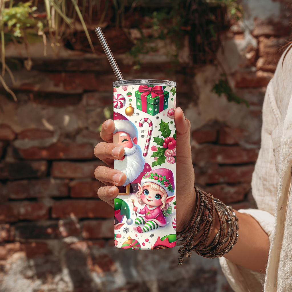 Cute Santa and Elves Christmas 20oz Skinny Tumbler - Festive Holiday Sublimation Travel Mug
