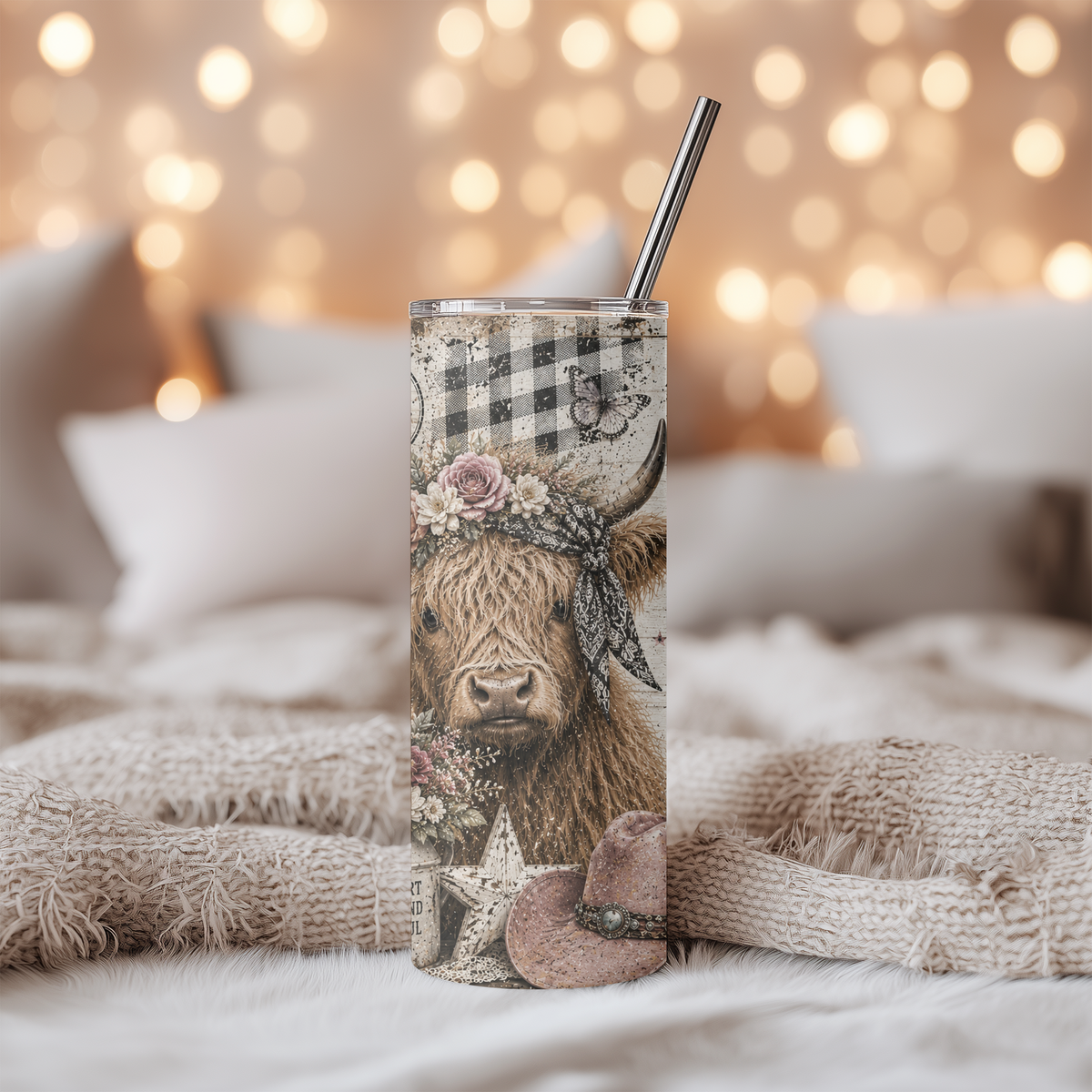 Highland Cow Country Dreams 20oz Skinny Tumbler - Faith and Country Sublimation Travel Mug