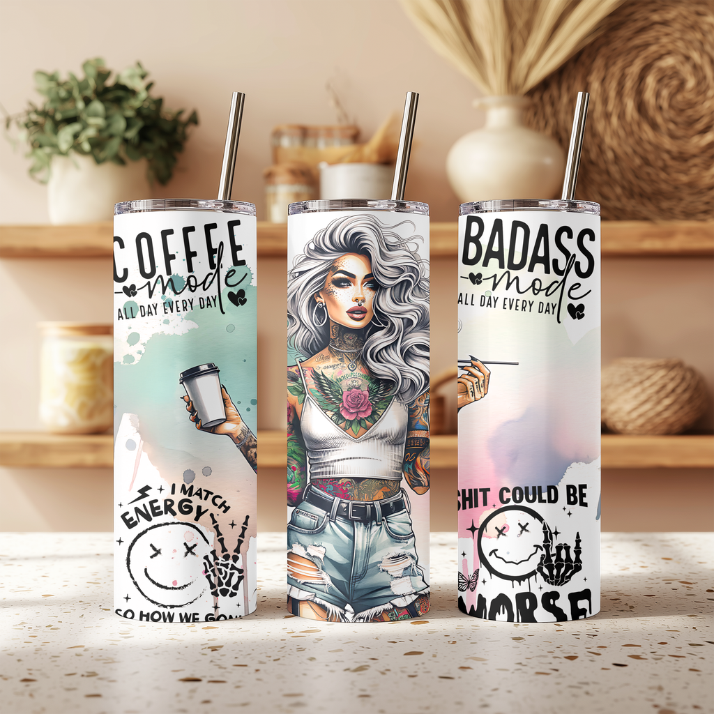 Coffee Mode Badass Mode 20oz Skinny Tumbler - Edgy Tattoo Girl Sublimation Travel Mug