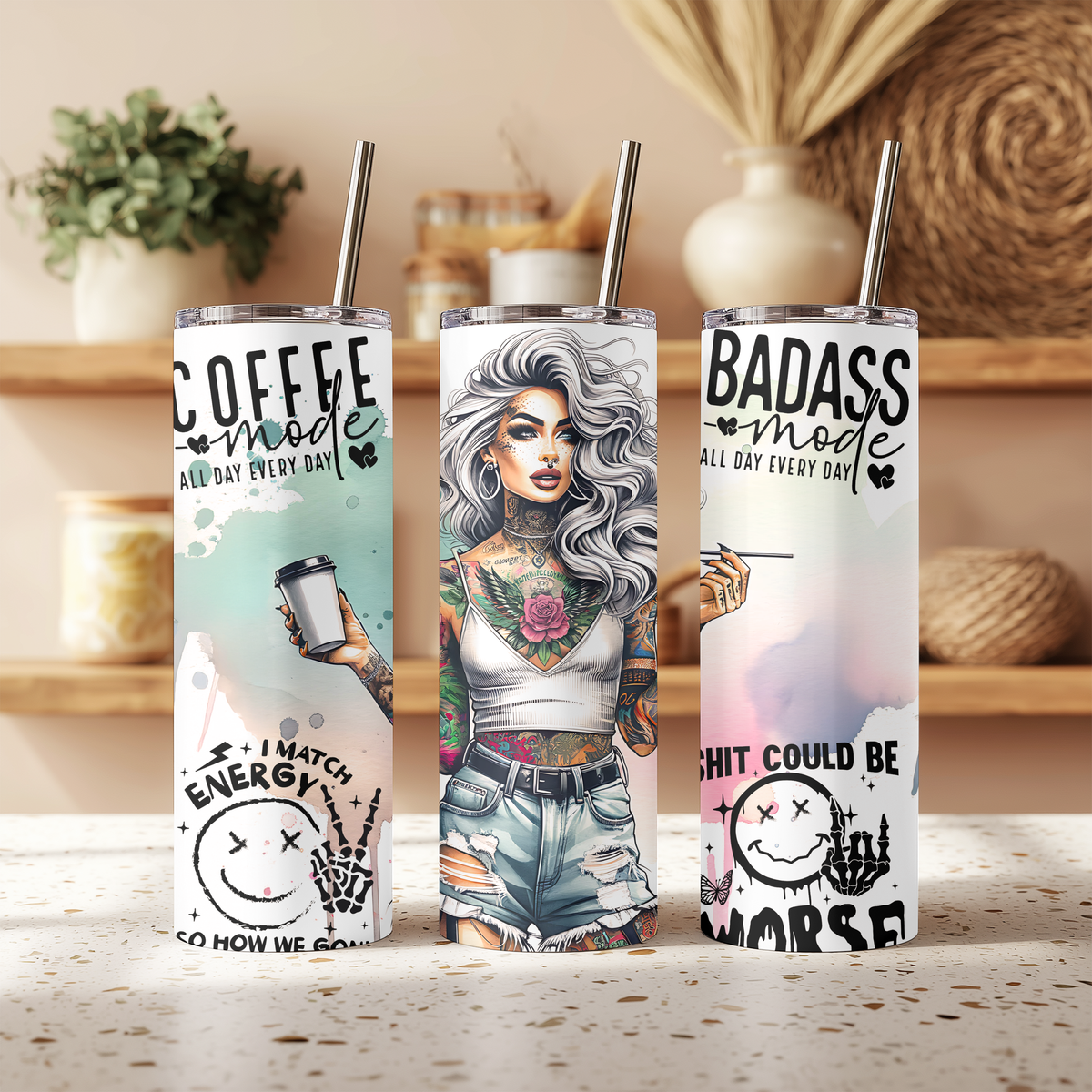 Coffee Mode Badass Mode 20oz Skinny Tumbler - Edgy Tattoo Girl Sublimation Travel Mug