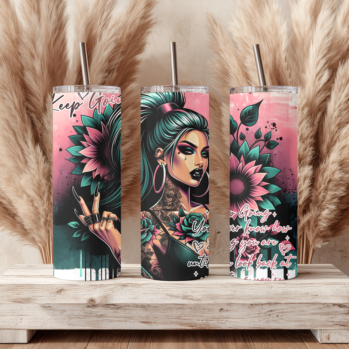 Keep Going Dark Sunflower 20oz Skinny Tumbler - Edgy Gothic Girl Sublimation Travel Mug