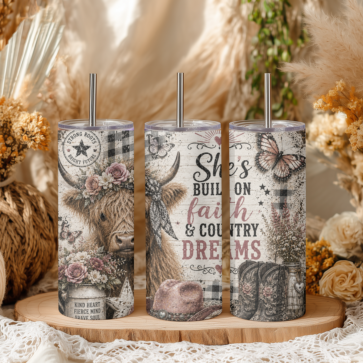 Highland Cow Country Dreams 20oz Skinny Tumbler - Faith and Country Sublimation Travel Mug