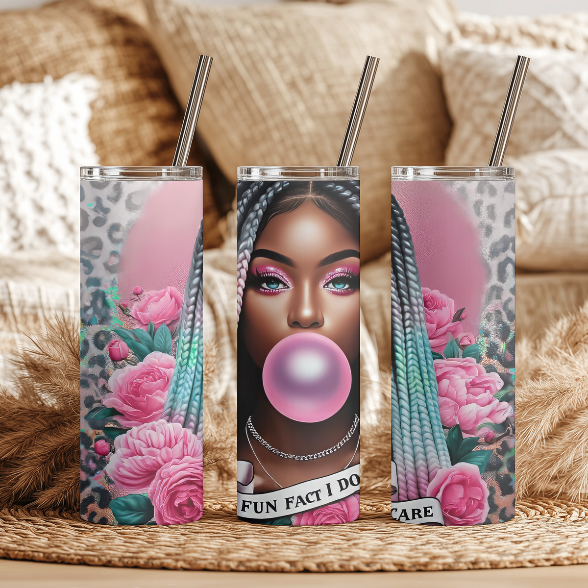 Fun Fact I Don't Care 20oz Skinny Tumbler - Sassy Pink Bubblegum Girl Sublimation Travel Mug