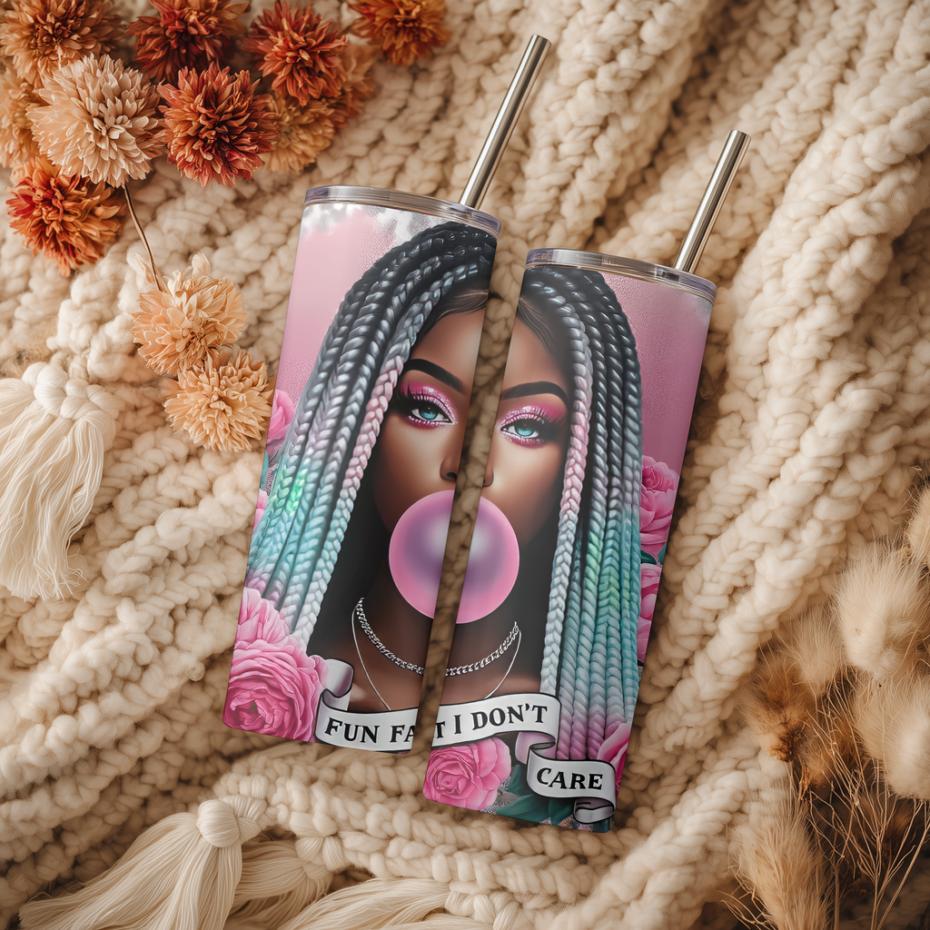 Fun Fact I Don't Care 20oz Skinny Tumbler - Sassy Pink Bubblegum Girl Sublimation Travel Mug