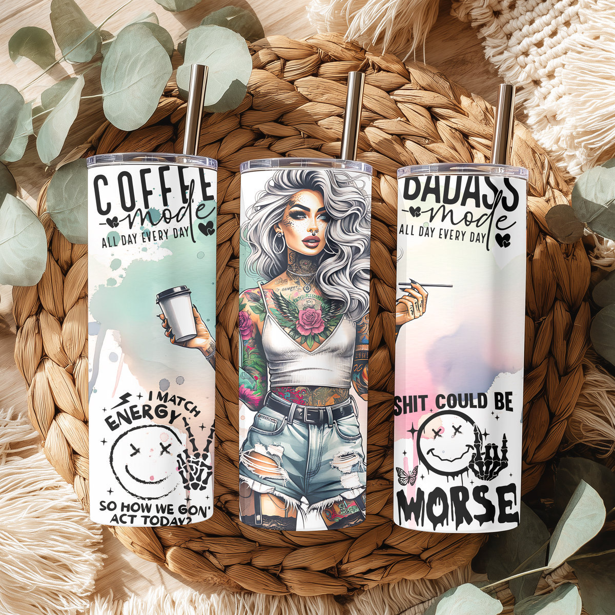 Coffee Mode Badass Mode 20oz Skinny Tumbler - Edgy Tattoo Girl Sublimation Travel Mug
