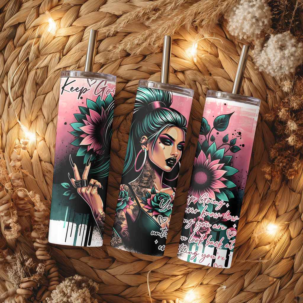 Keep Going Dark Sunflower 20oz Skinny Tumbler - Edgy Gothic Girl Sublimation Travel Mug