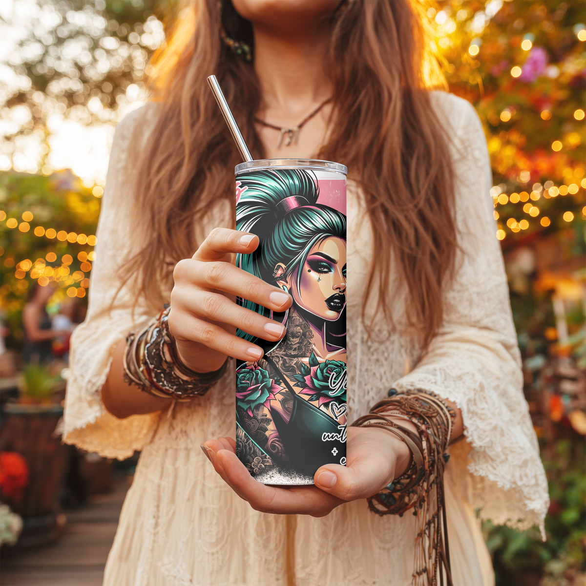 Keep Going Dark Sunflower 20oz Skinny Tumbler - Edgy Gothic Girl Sublimation Travel Mug