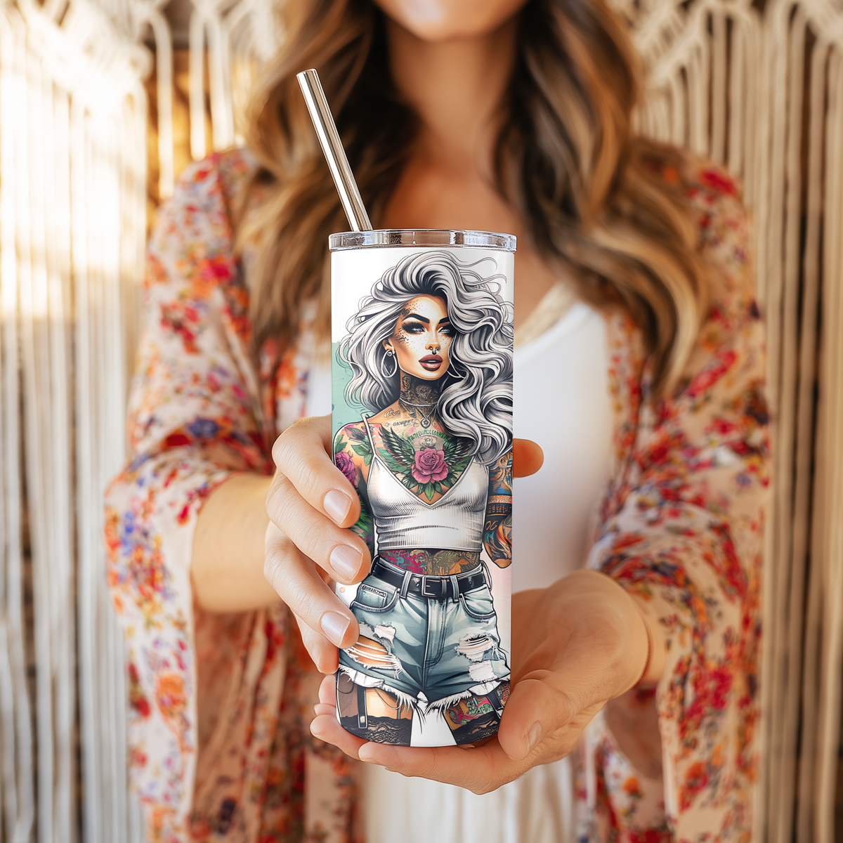 Coffee Mode Badass Mode 20oz Skinny Tumbler - Edgy Tattoo Girl Sublimation Travel Mug